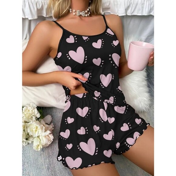 2 Piece Sexy Sleepwear Pajamas Nightwear PJ's Lingerie Hearts Women's - Picture 2 of 6